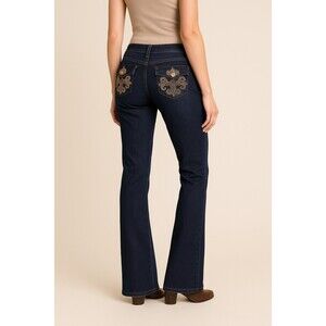 V Christina Size 6 Dark Wash Crystal Fleur De Lis Bootcut Jeans NWOT